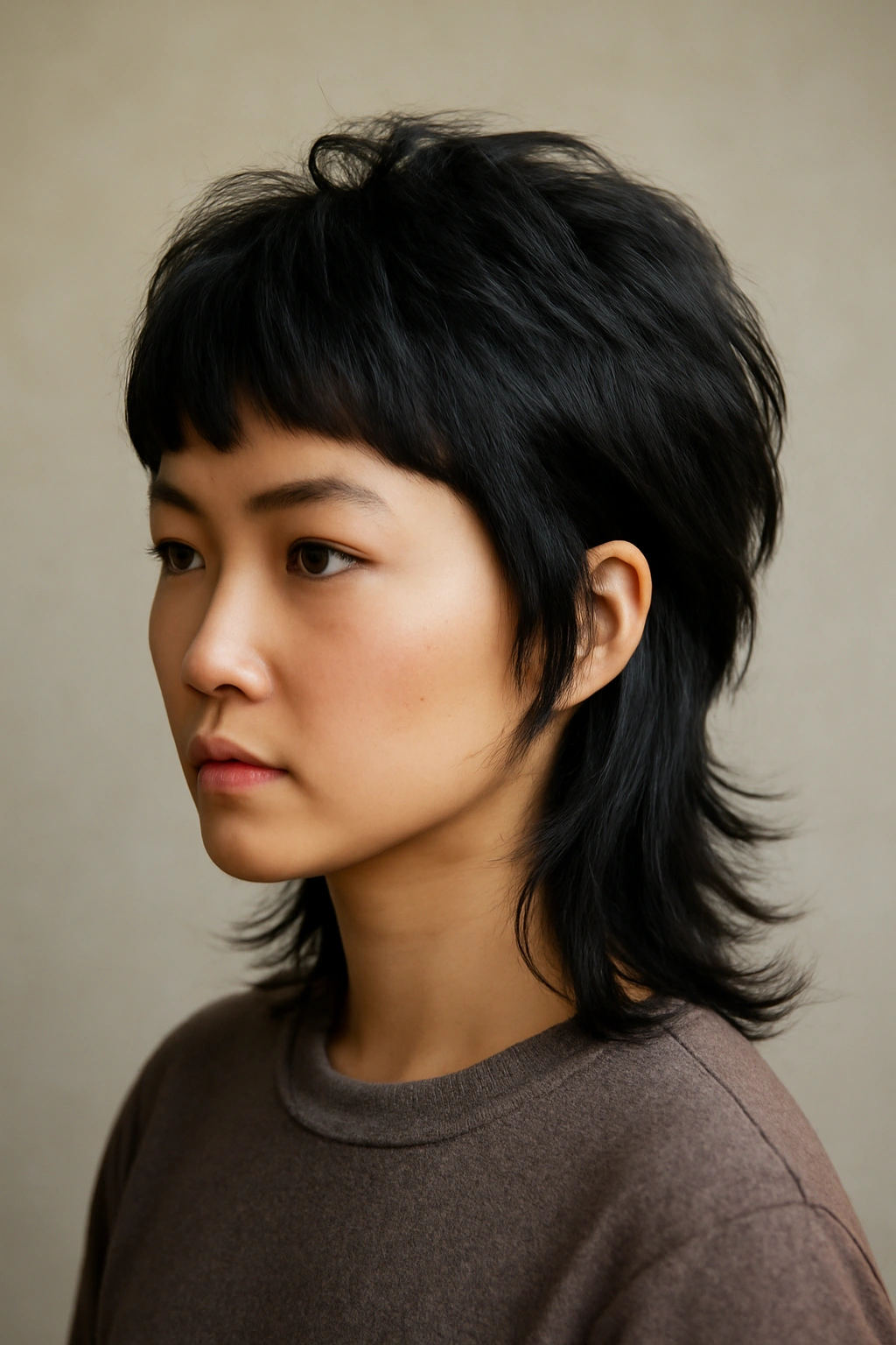 Voluminous mullet bob with a short front and long back showing dramatic silhouette