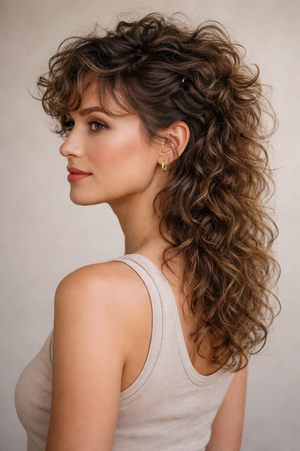 Elongated curly mullet with textured layers from side view