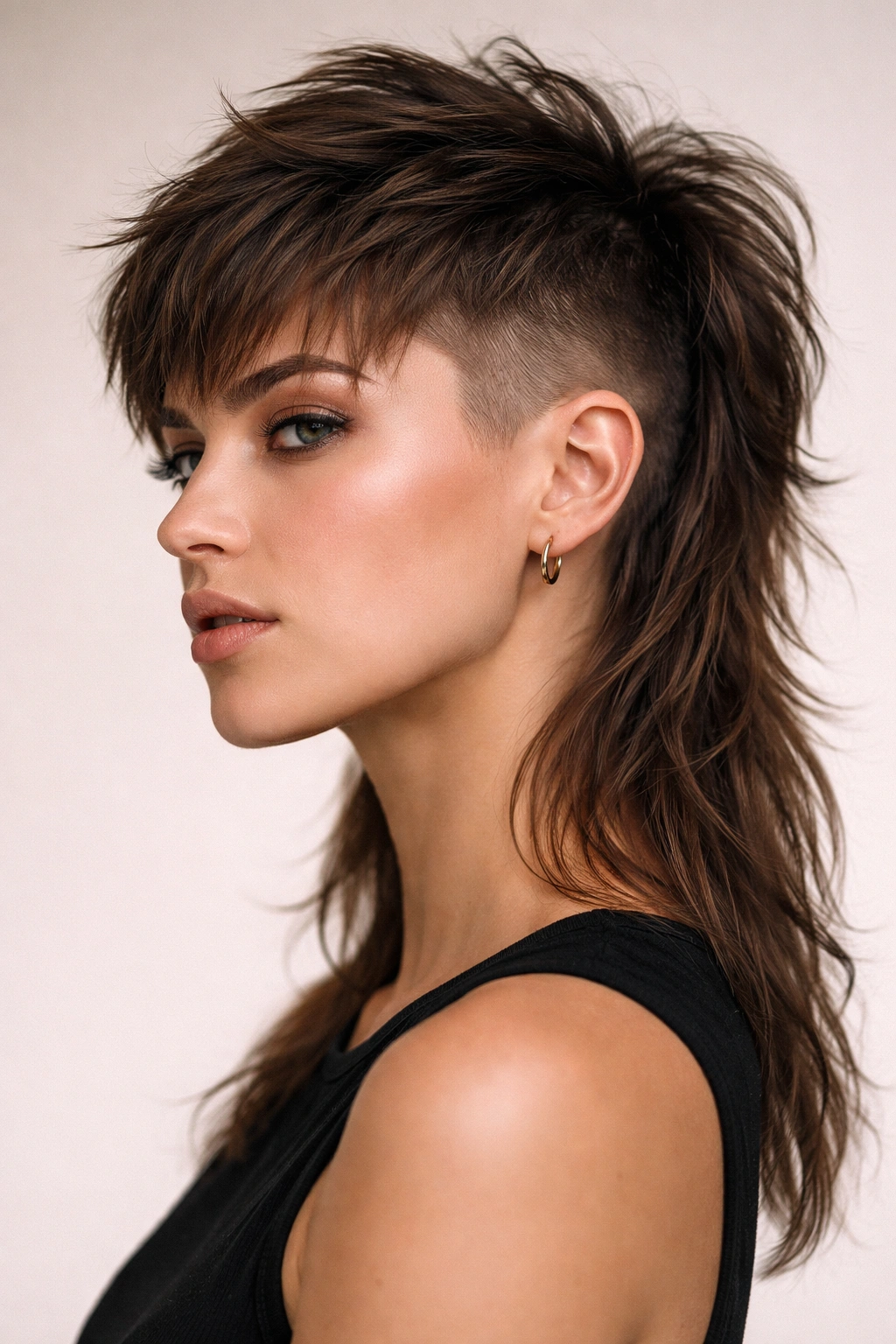 Portrait of a woman with mullet and fade sides showing a smooth gradient from shaved to longer back
