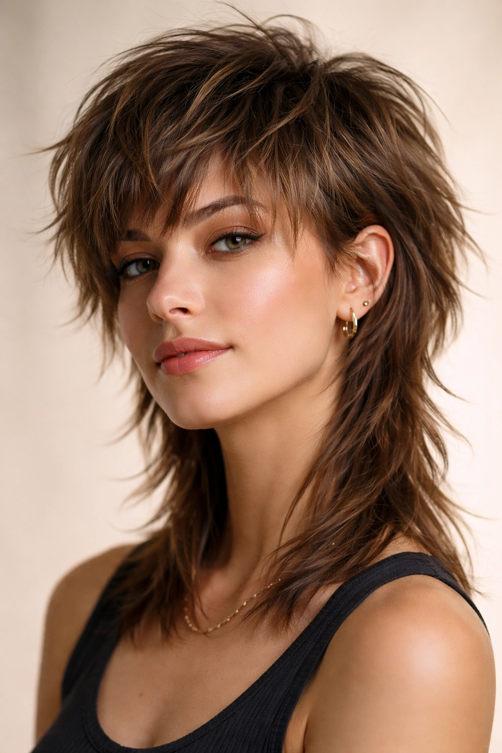 Full head shot of a modern feathered mullet showing short sides and long feathered back