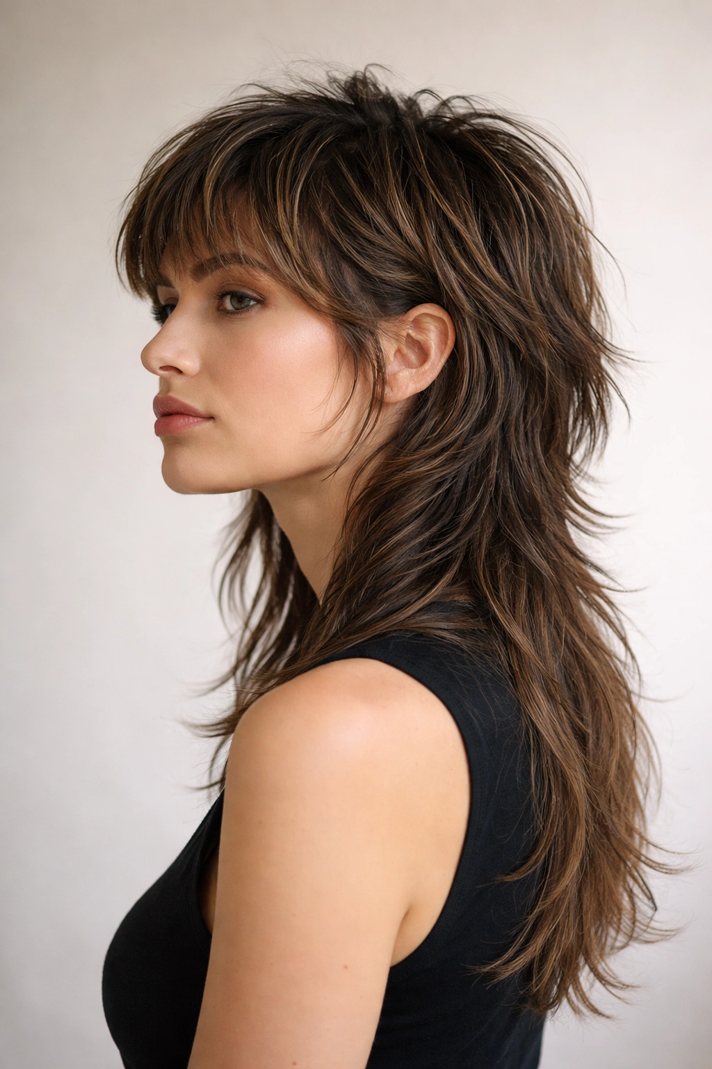 Mullet-forward shullet with short sides and long back.