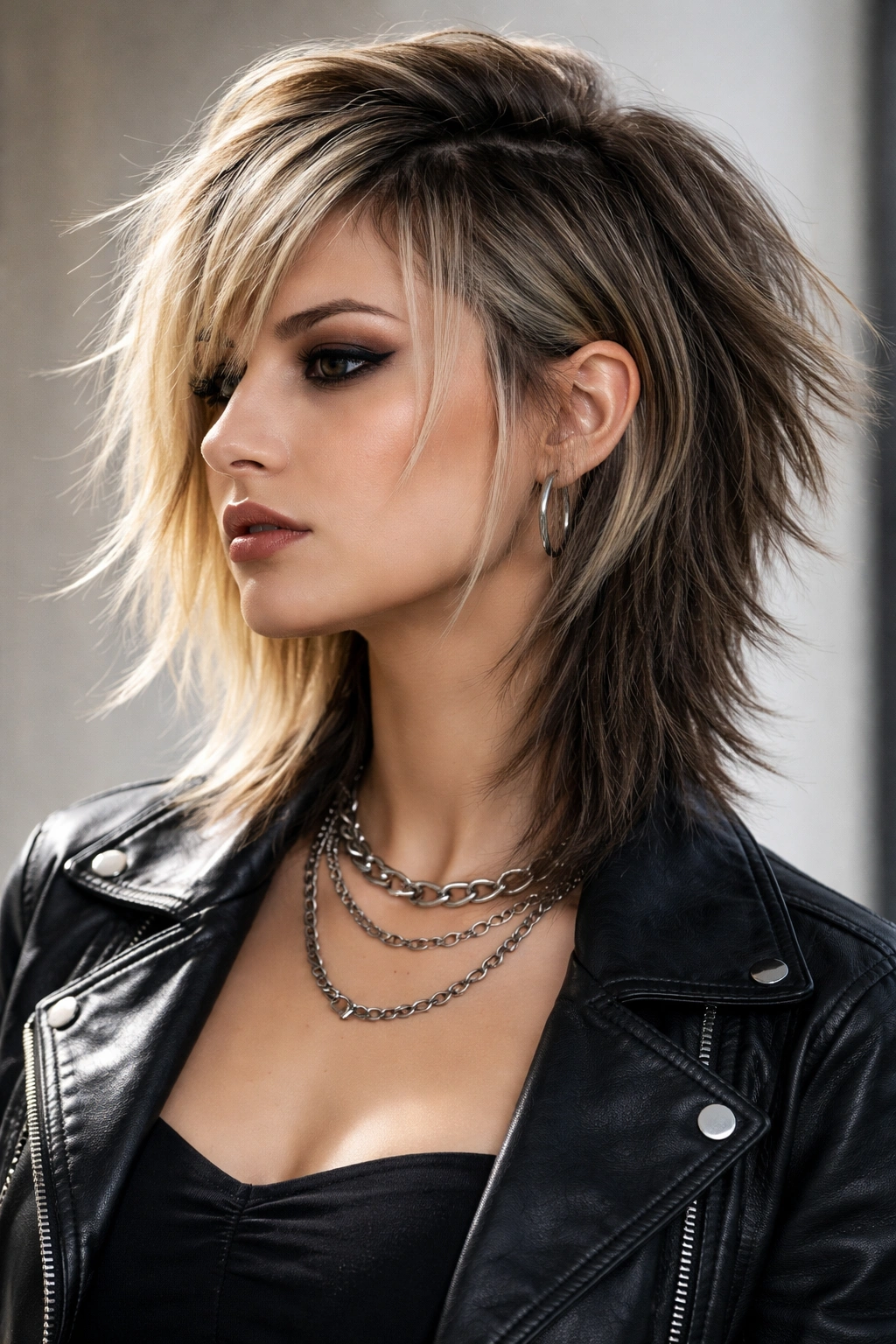 Mullet-inspired asymmetrical bob with short front and longer back for bold silhouette.