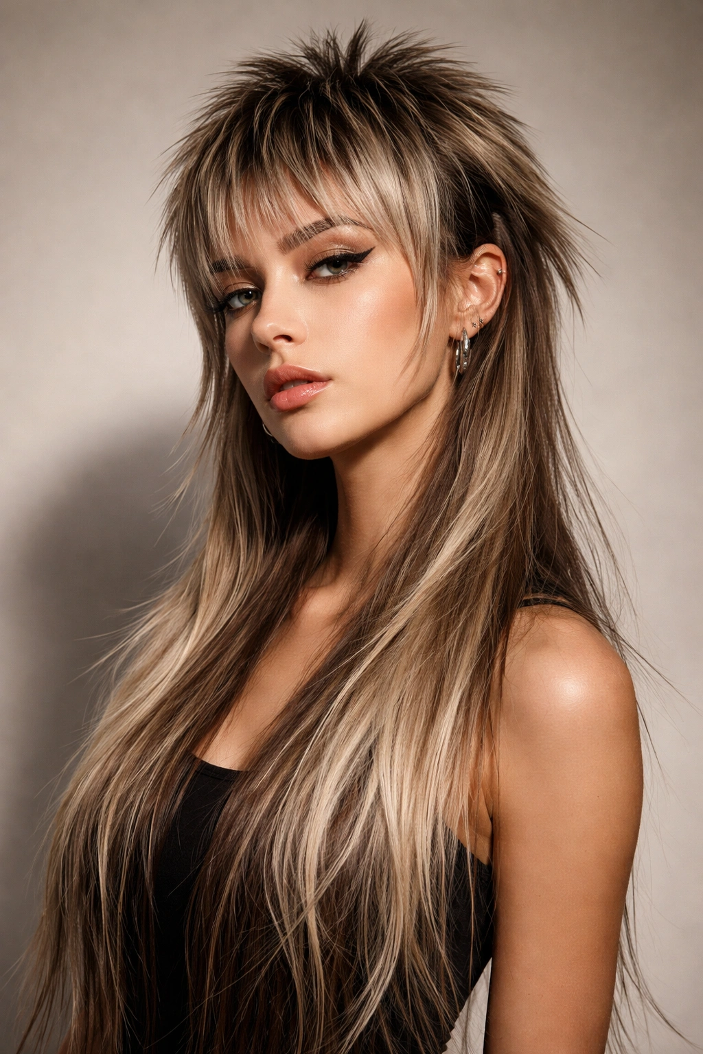 Headshot of a model with a mullet-inspired jellyfish hybrid with dramatic top and long bottom.