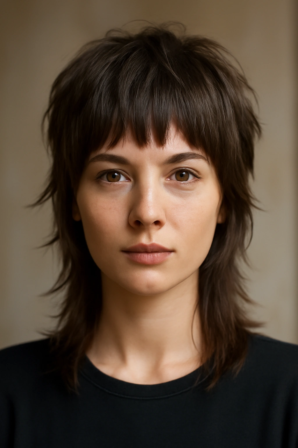 Close-up of mullet-inspired layers with bangs showcasing texture and movement