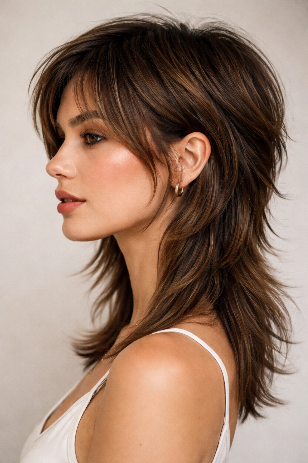 Close-up of a mullet-inspired hairstyle with short face-framing layers and longer back