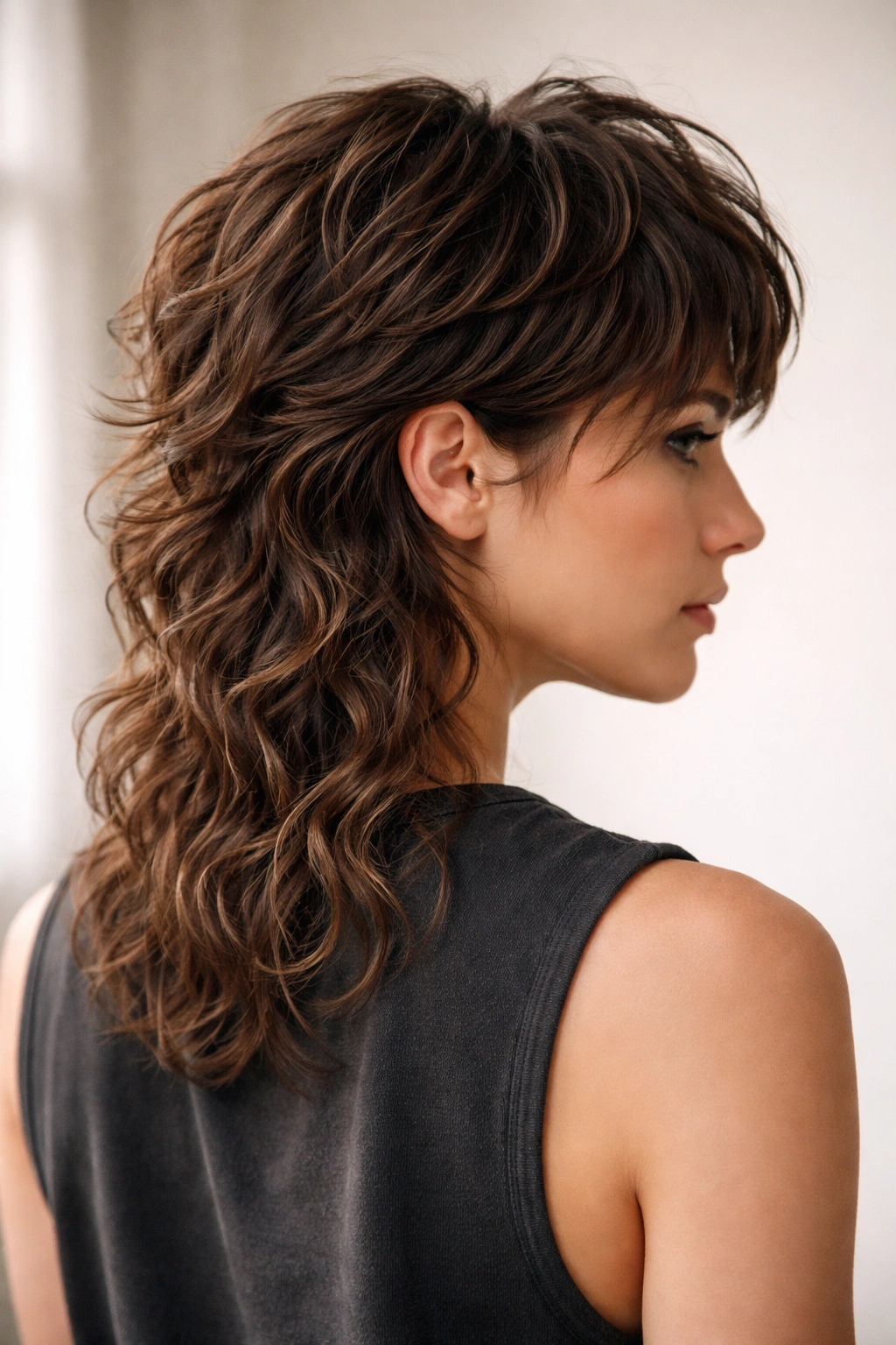 Modern mullet with shorter crown and longer back showing wave texture.