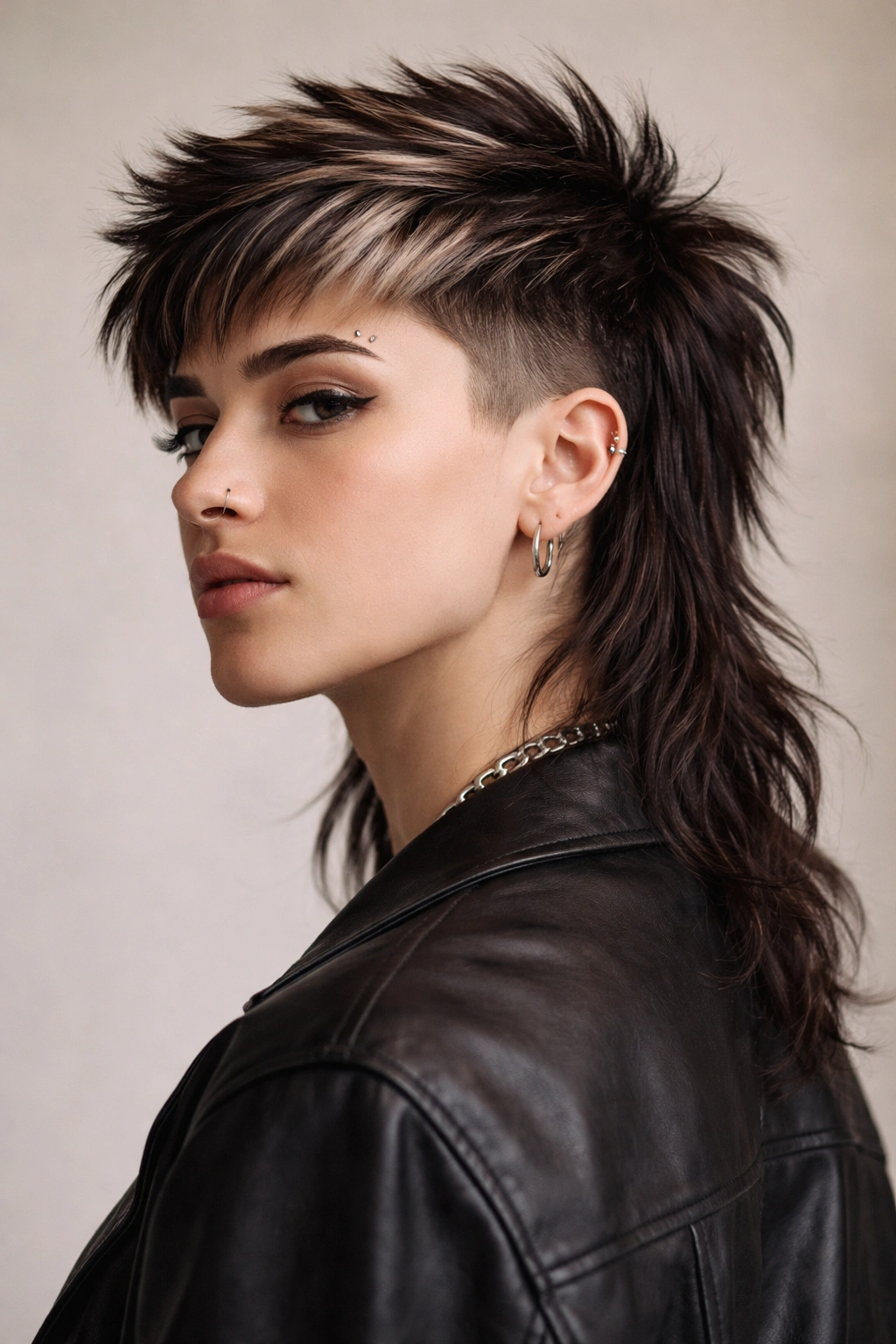 Portrait of a person with a modern queer mullet showing short front and crown with longer back.