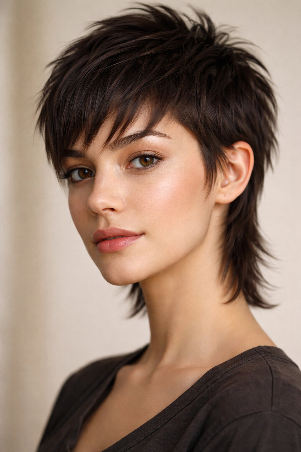 Modern mullet pixie with forward bangs showing length contrast