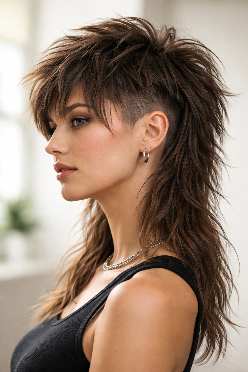 Choppy undercut mullet shag showing top layers and undercut
