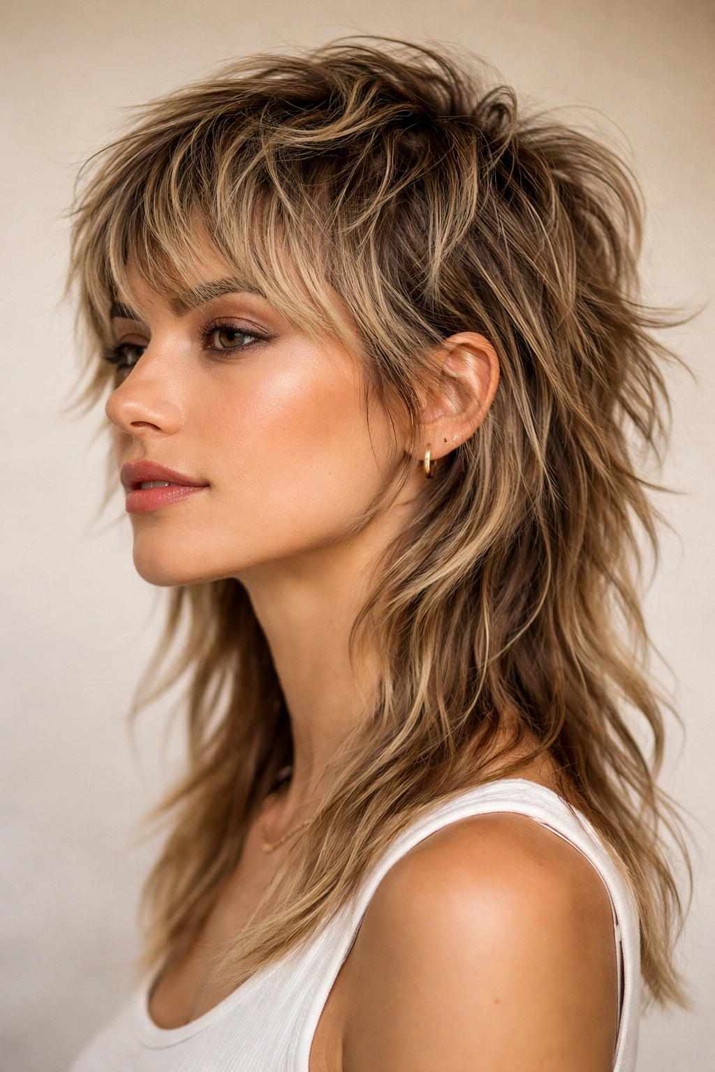 The Mullet Shag Hybrid with short textured top and long back in a portrait