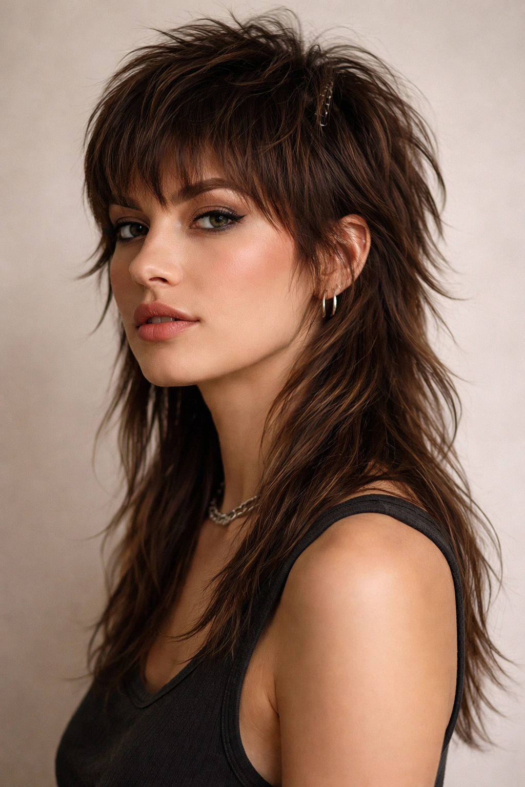 Portrait of a person with a mullet shag featuring short crown and long back.