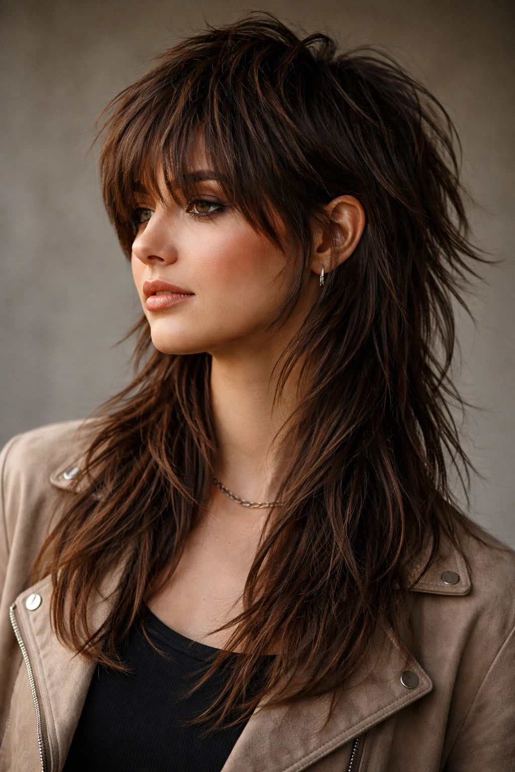 Portrait of a person with modern mullet shag showing short front and long back in studio