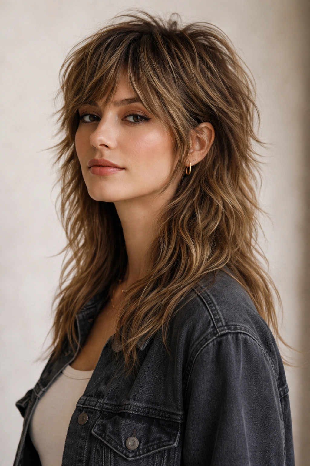 Close-up of textured mullet-inspired shag with short top and long back