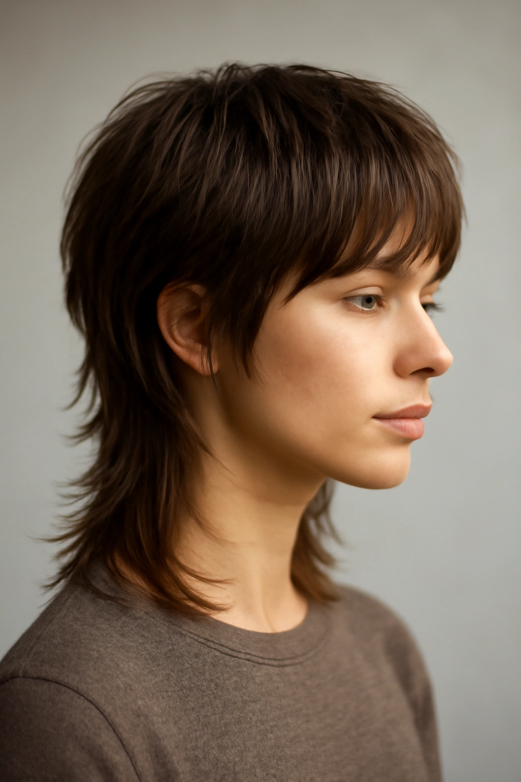 Mullet hairstyle with soft layers and textured transition