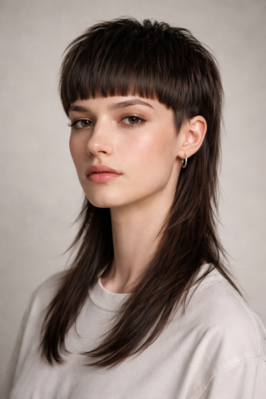 Portrait of a person with a straight-hair mullet highlighting sharp front and longer back