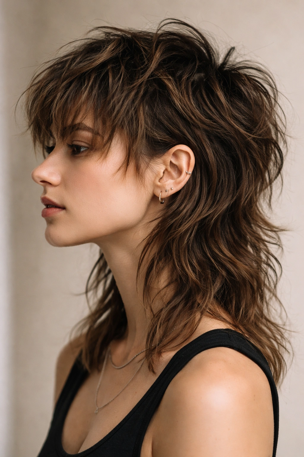 Close-up profile of a person with a tousled mullet showing short front layers and longer textured back