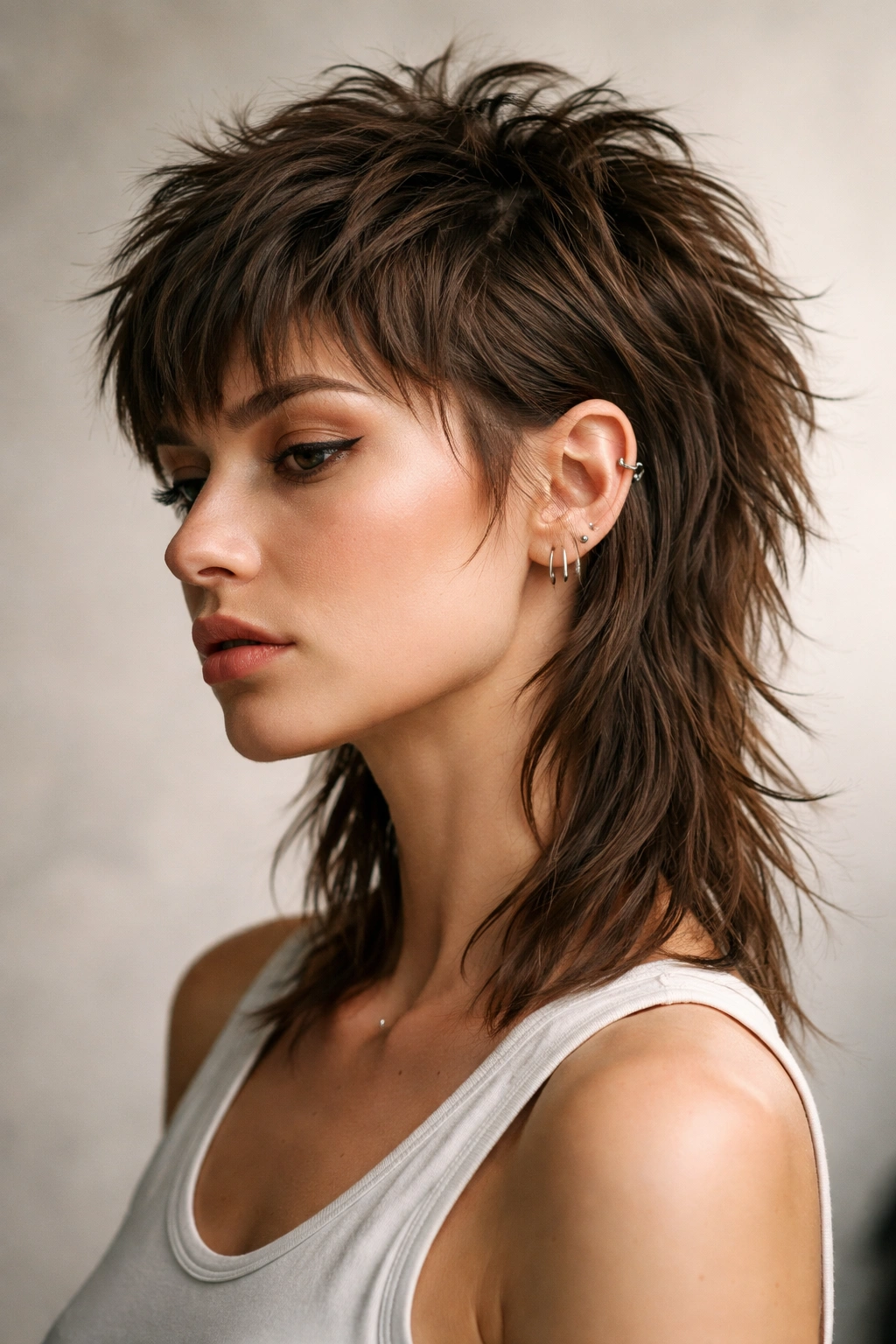 Three-quarter portrait of a modern textured choppy mullet.