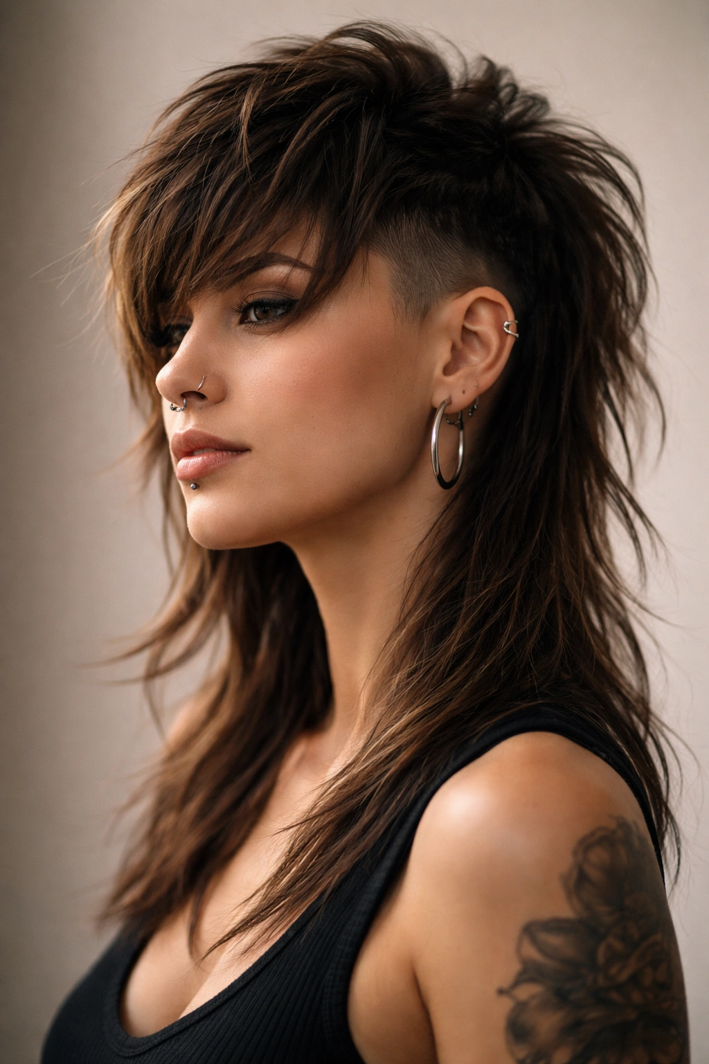 Close-up portrait of a bold woman with a mullet undercut, highlighting sharp undercut and flowing textured top
