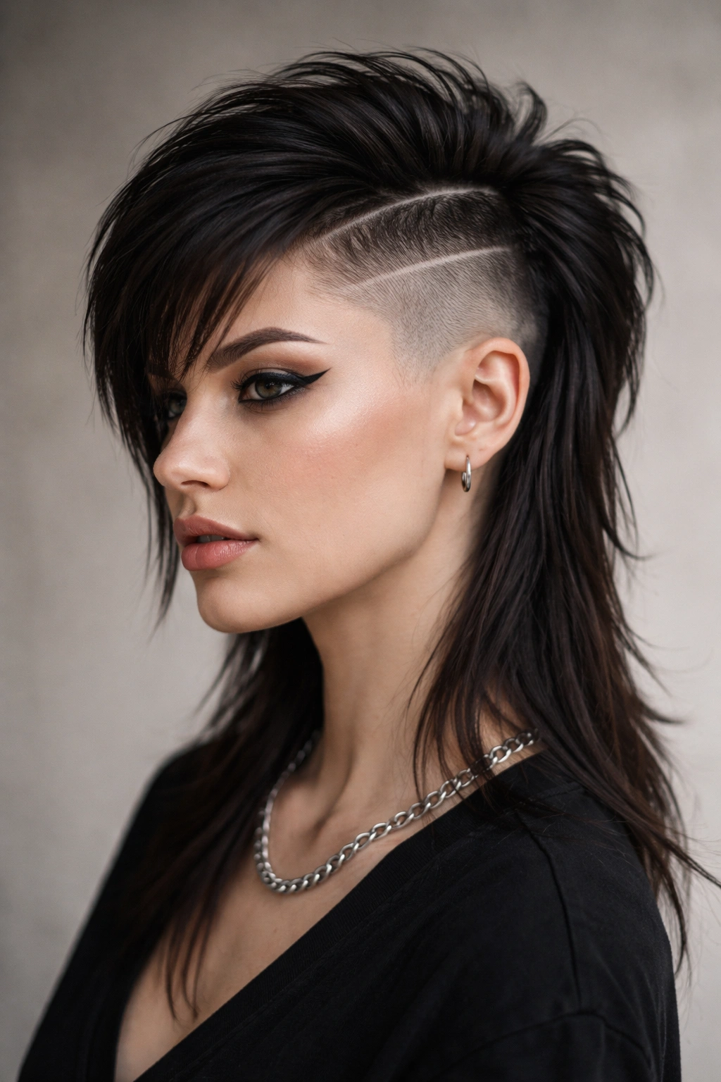 Close-up portrait of a person with a sharp modern mullet undercut featuring a fade, defined hard part, and long crown