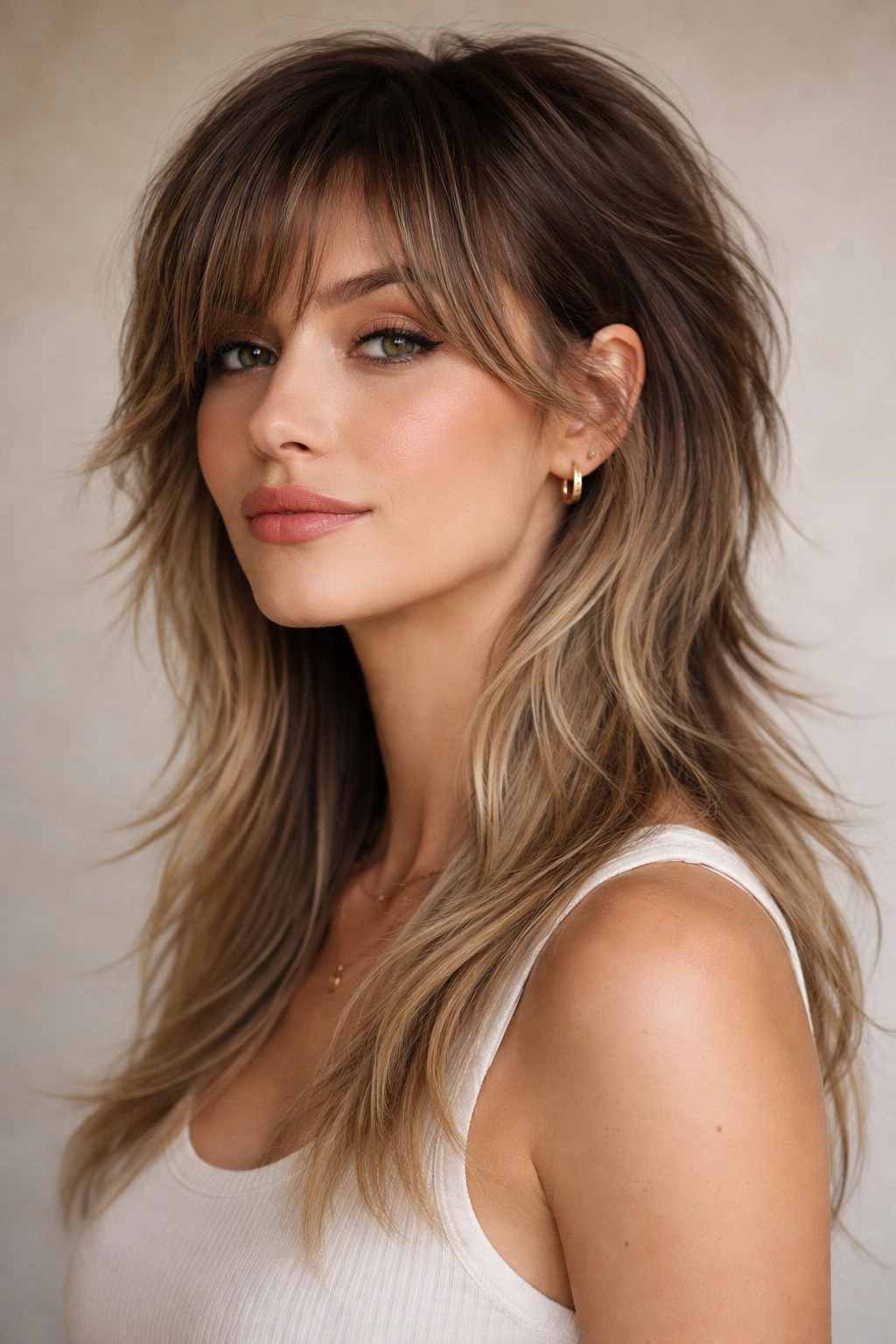 Mullet with wispy bangs featuring long, side-swept bangs and soft, flowing layers.