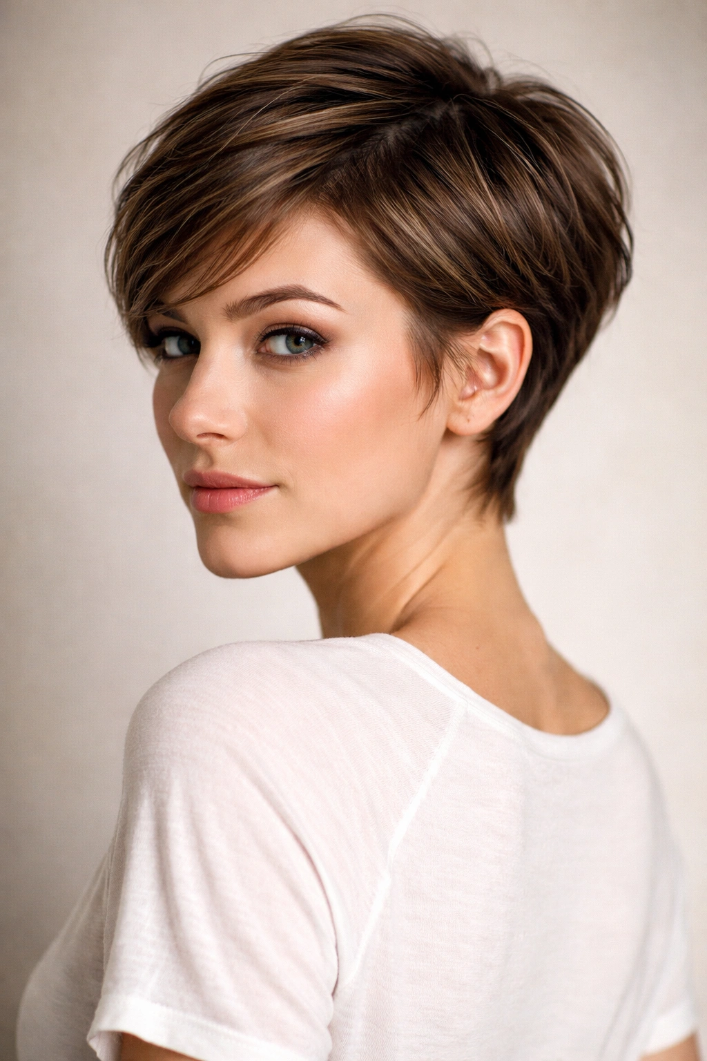 Close-up portrait of a model with a nape-length pixie showing cheekbone width and nape length
