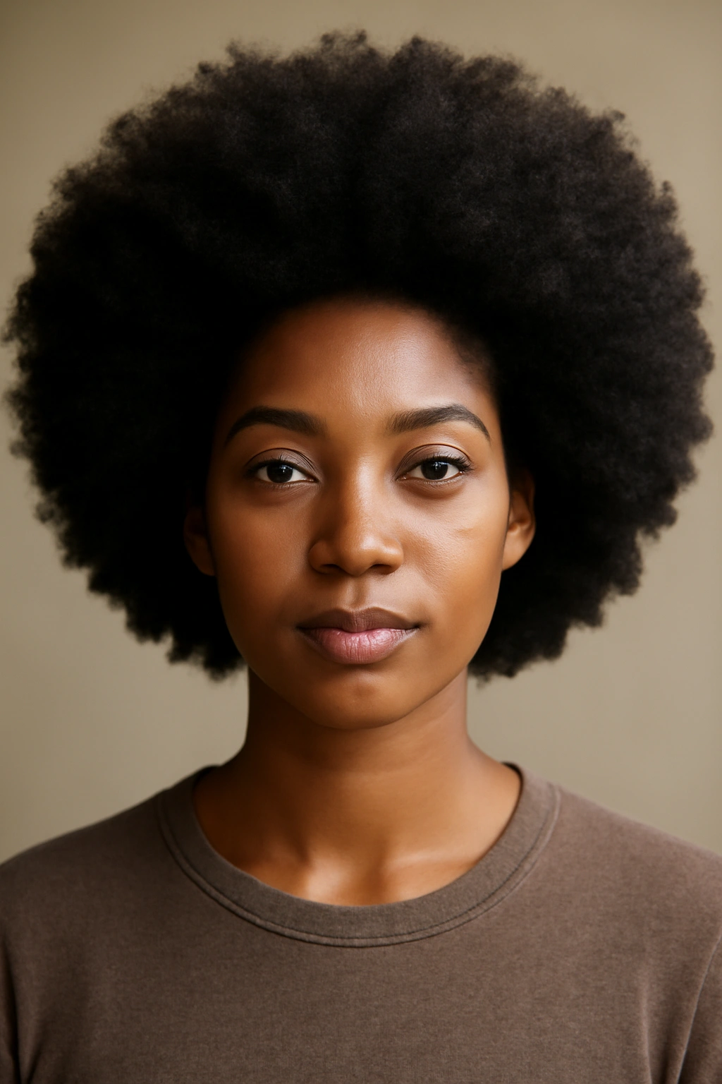 Close-up of natural afro with defined coils and moisture in studio lighting