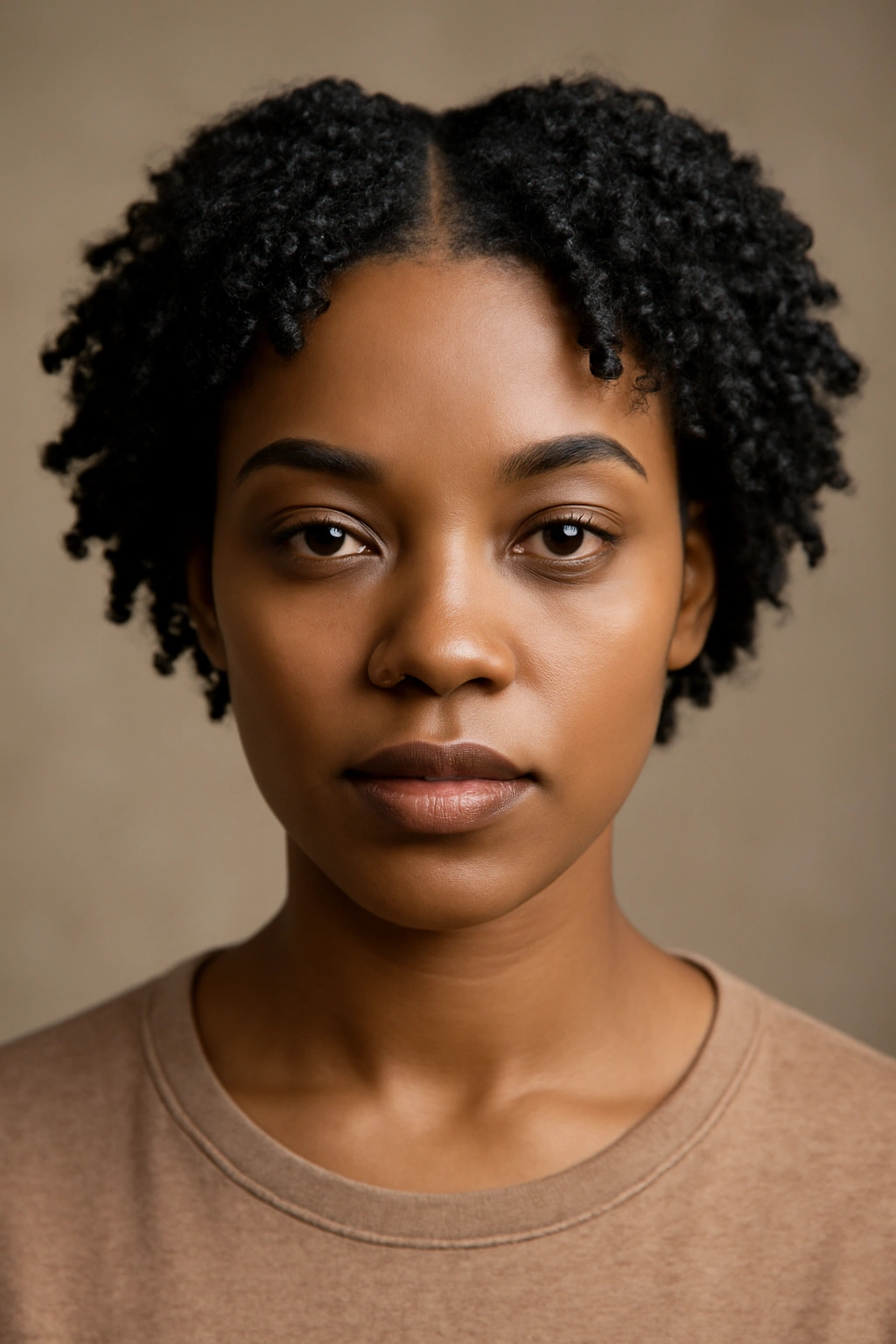 Close-up of short natural coils with middle part in a studio