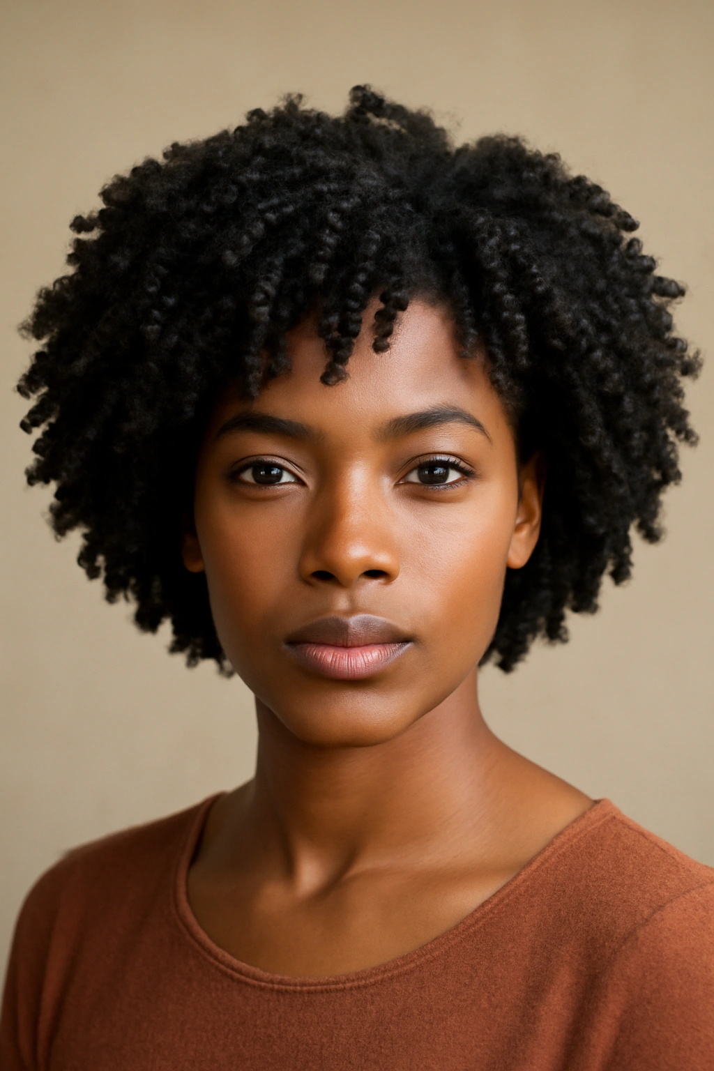 Natural coily bob on a Black woman with defined coils in studio lighting