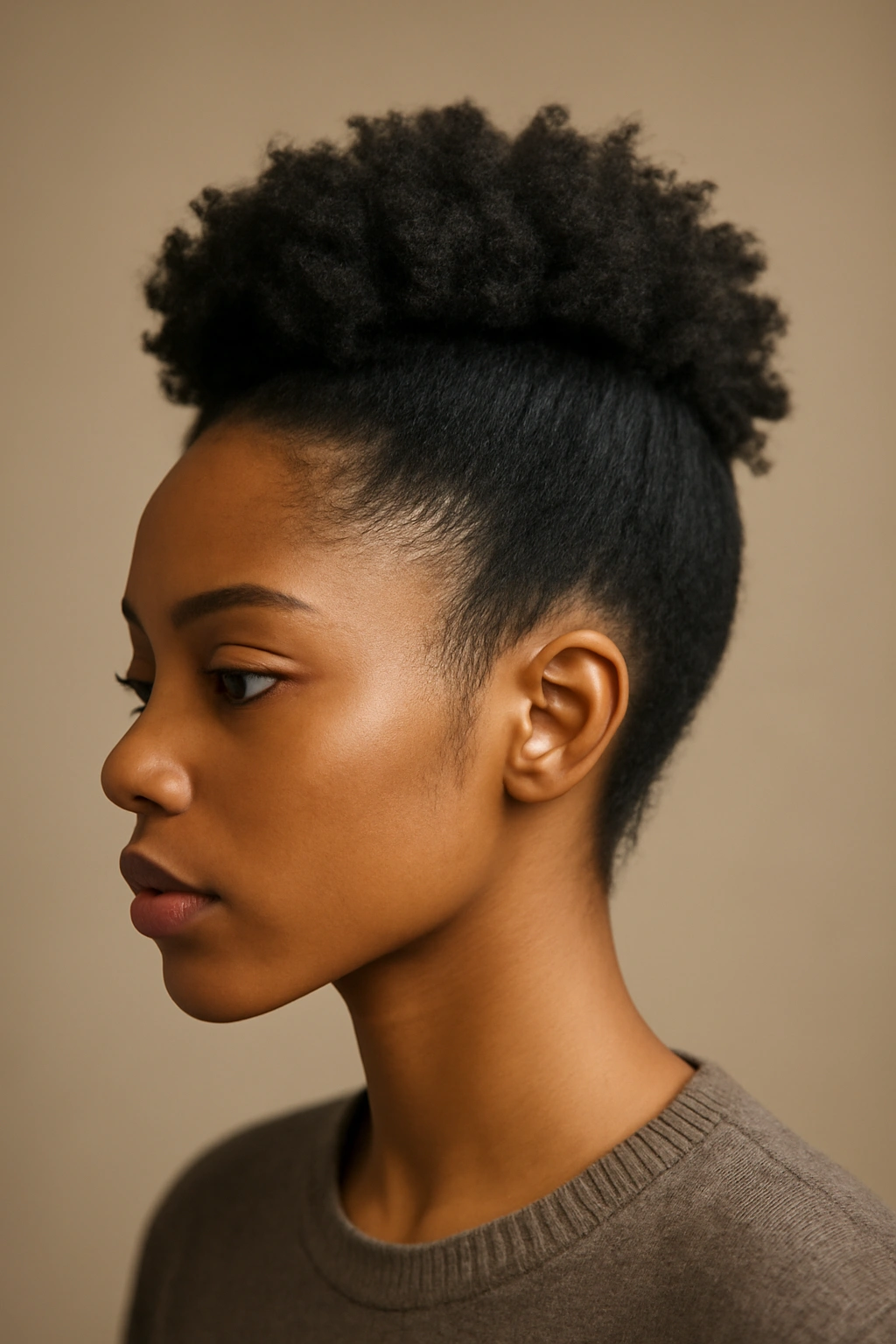 Profile view of 4C hair with a natural defined crown and brushed-back edges.