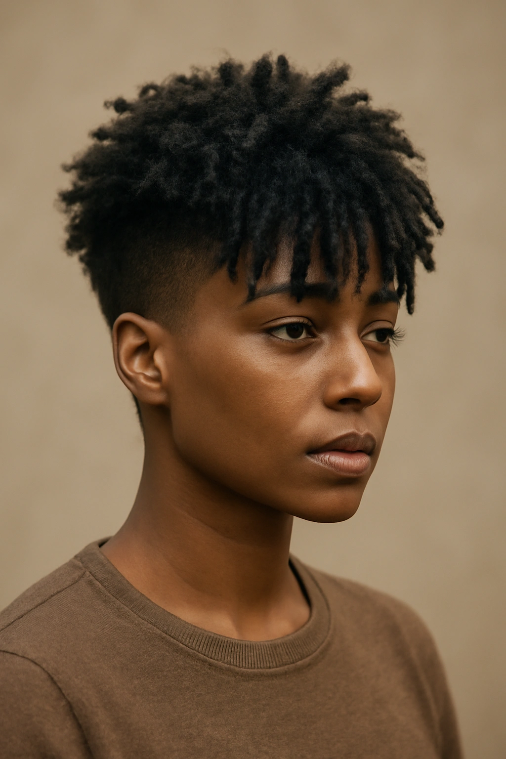 Close portrait of a Black woman with a natural taper and long bangs