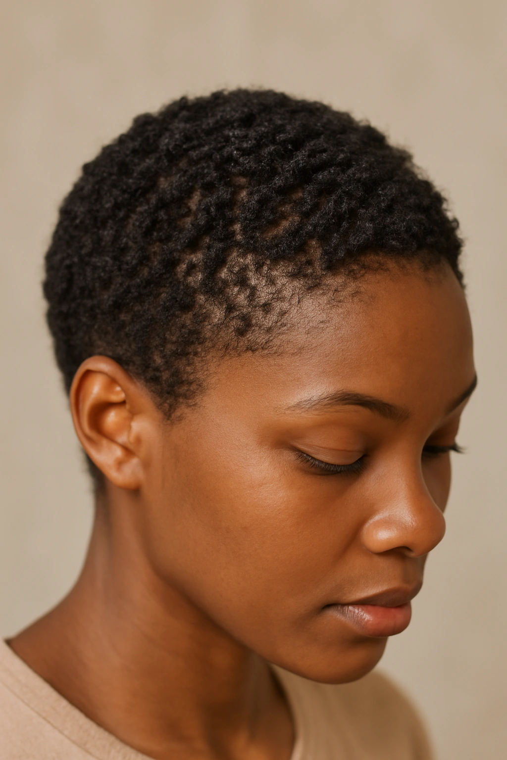 Close-up of a head showing natural waves and curls in short relaxed hair
