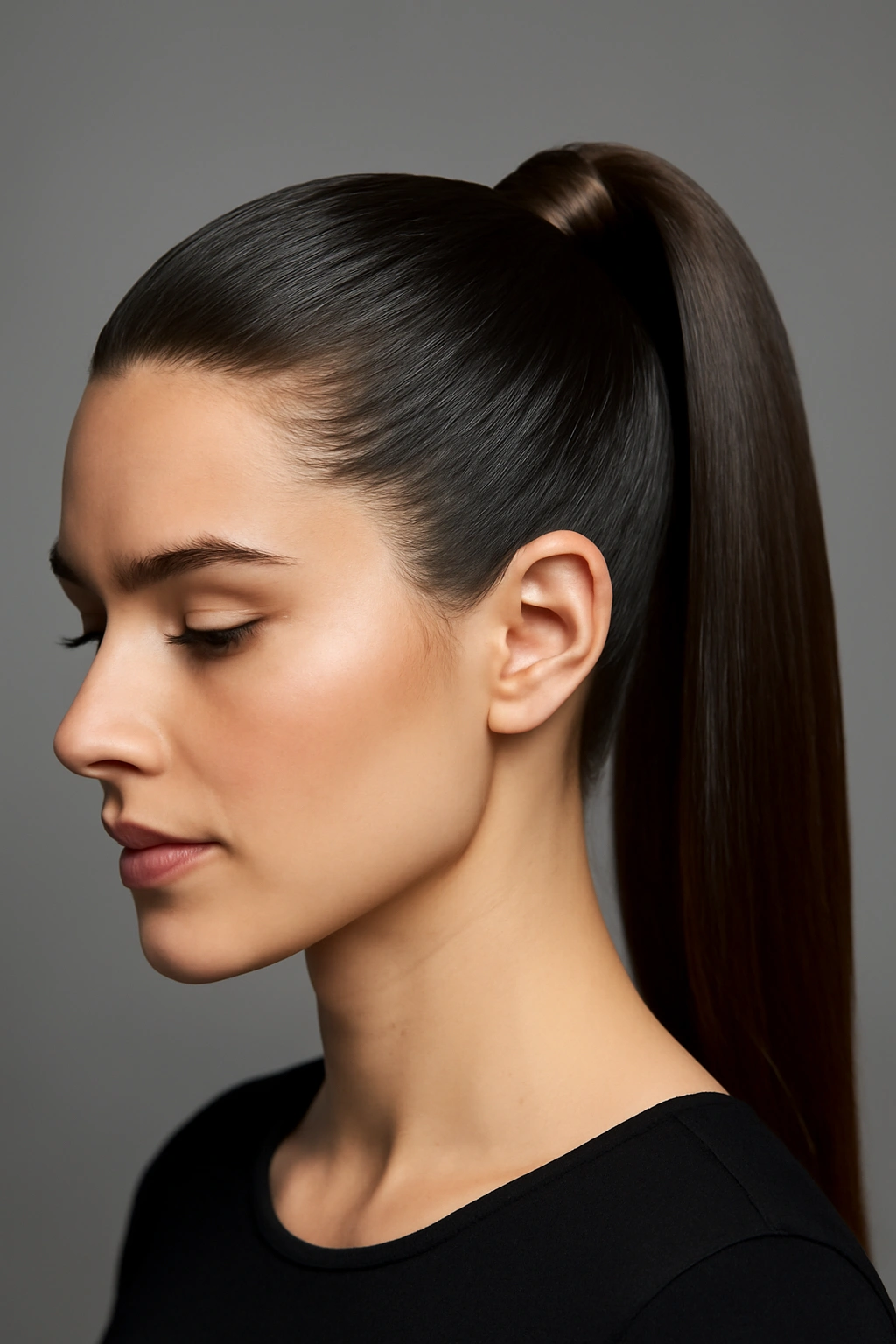 Close-up of a sleek neat high ponytail with glossy hair for a formal look