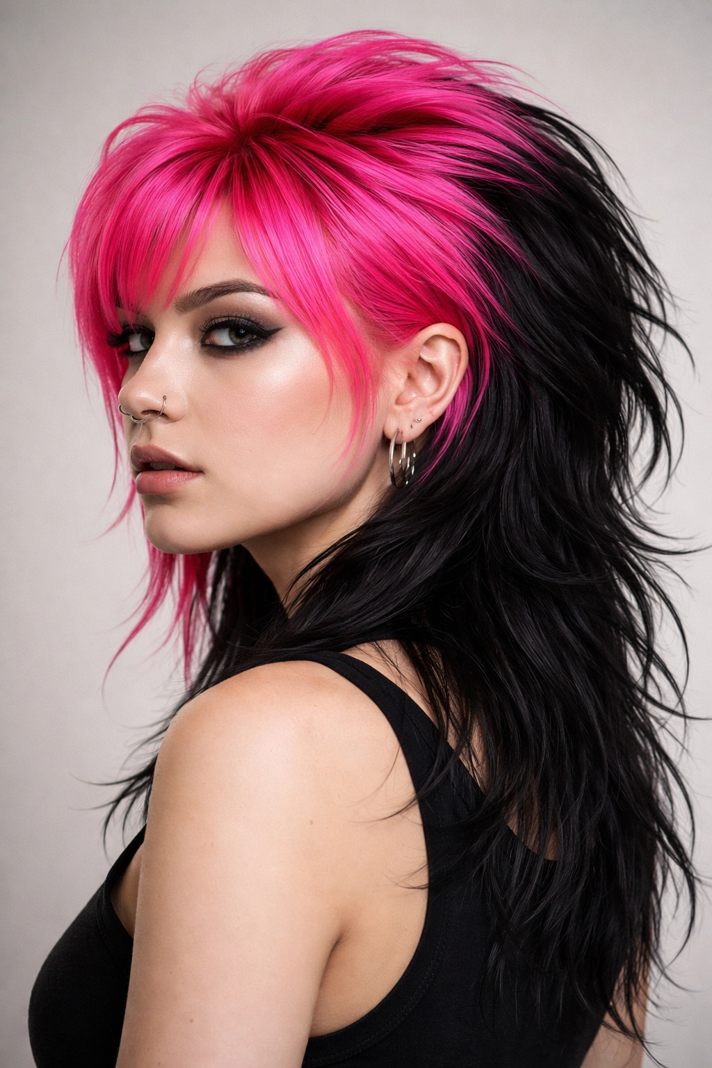 Close-up mullet with neon pink crown and black back showing bold color contrast