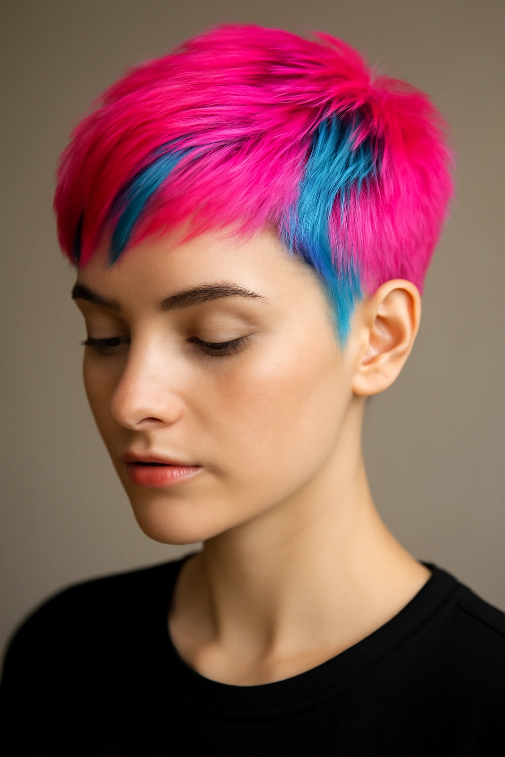 Close-up portrait of a neon-pixie hairstyle with vivid neon pink and electric blue colors.