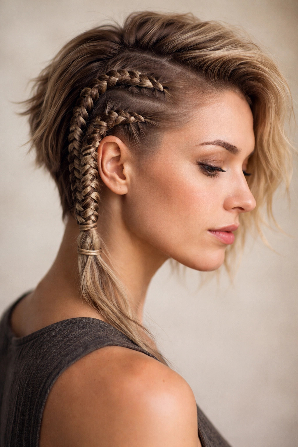 Three-strand braid with decorative wraps along the base on short hair