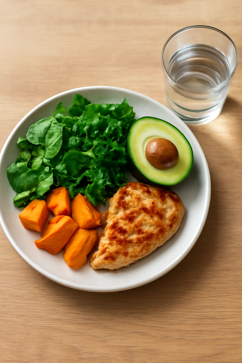 Top-down view of a balanced plate with protein, greens, fats and a glass of water