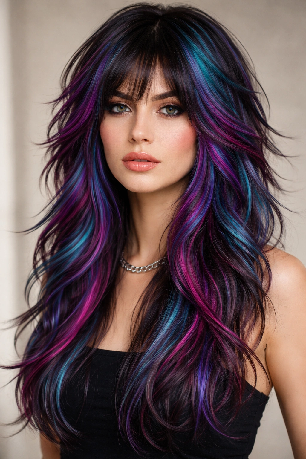 Close-up of octopus haircut with colored strands showing dimensional layers and vibrant accents