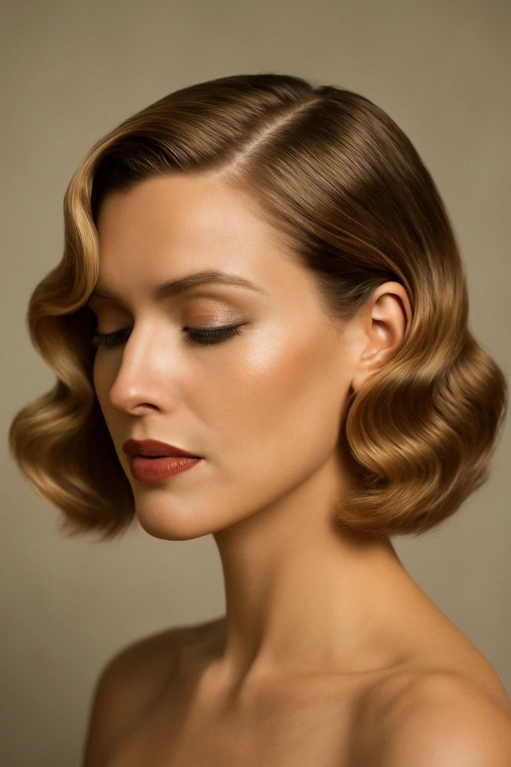Close-up of glossy Old Hollywood waves on a bob with a deep side part