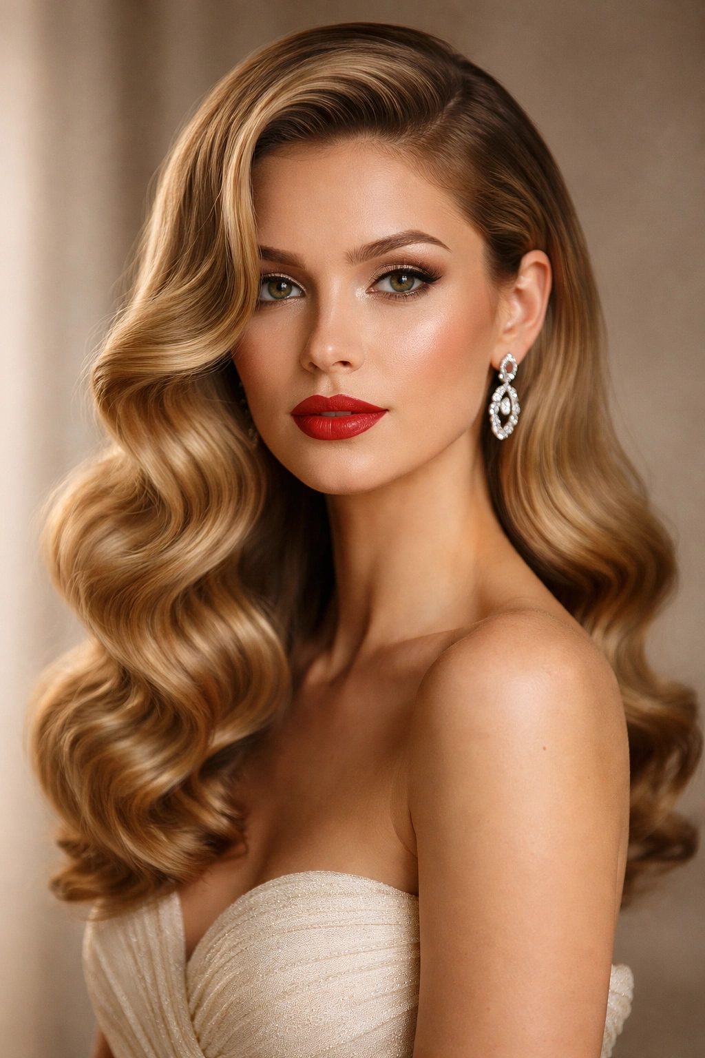 Close-up of a woman with glossy, structured Old Hollywood waves over one shoulder