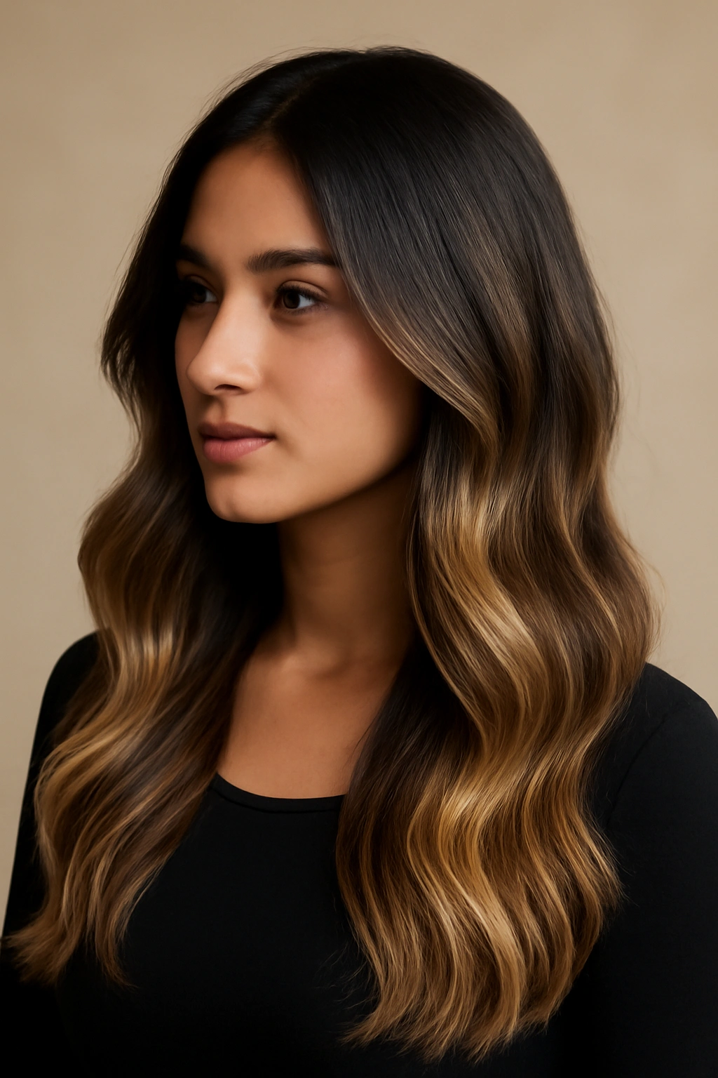Dark-to-light ombre balayage on dark hair with dimension