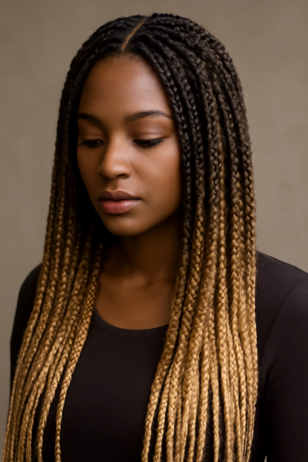 Ombré colored box braids with dark roots fading to lighter ends