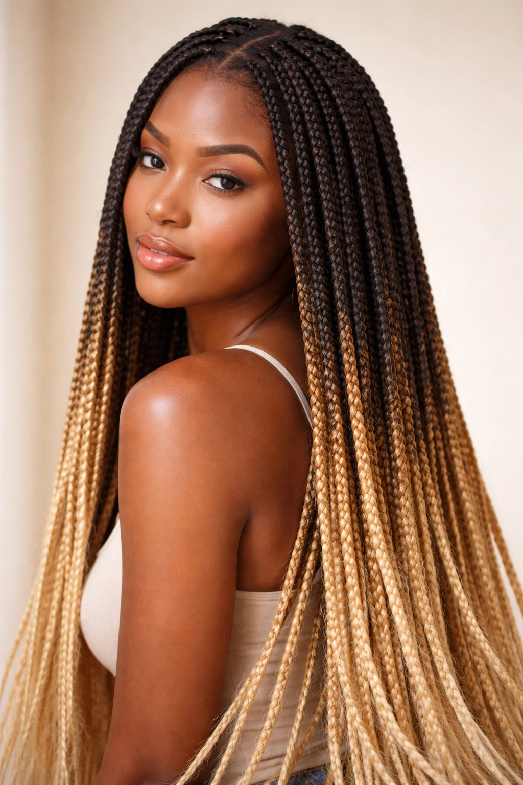 Ombré braided hair showing dark roots fading to lighter ends