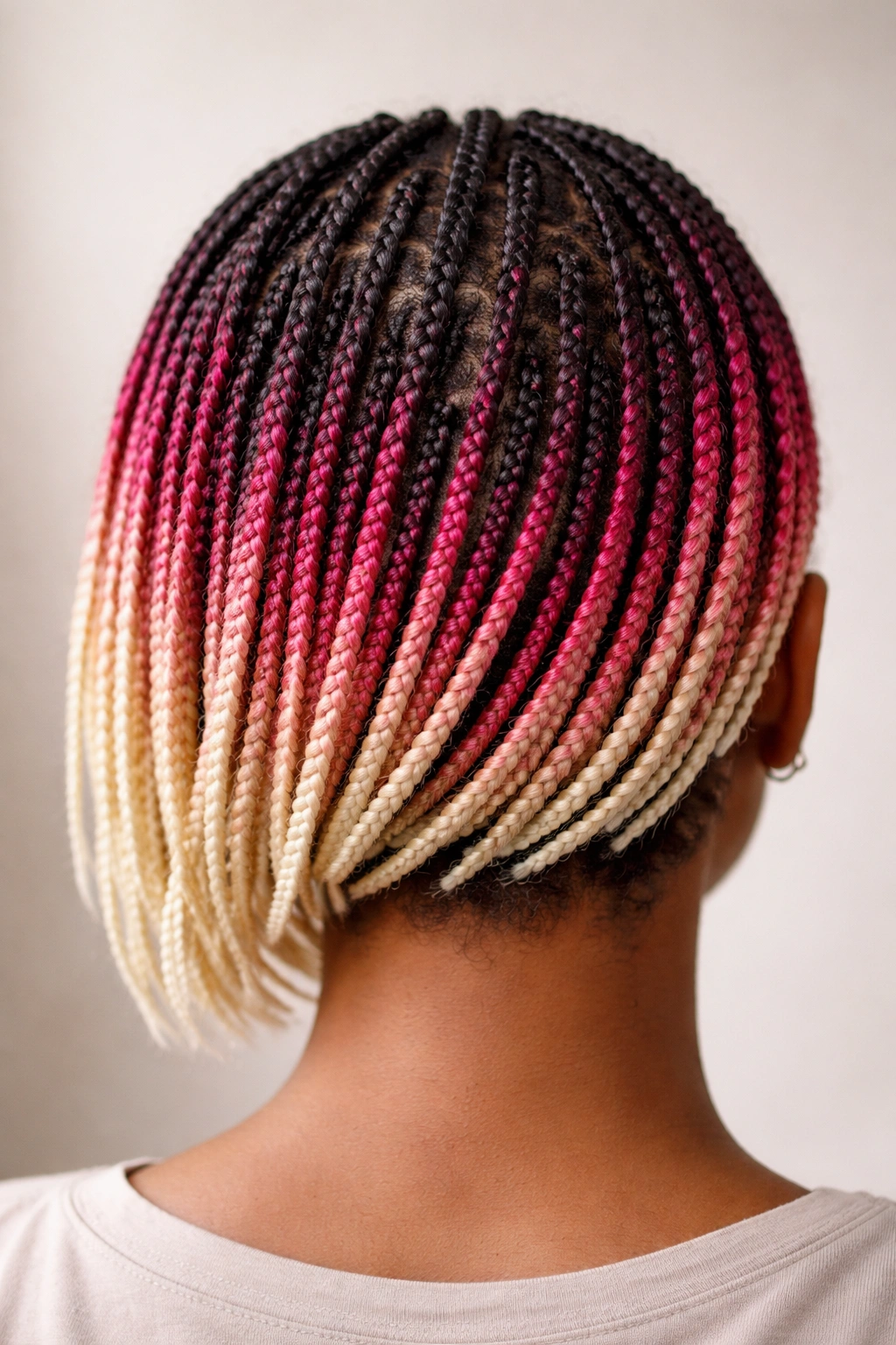 Close-up of short hair with dark-to-light ombre box braids from root to tip