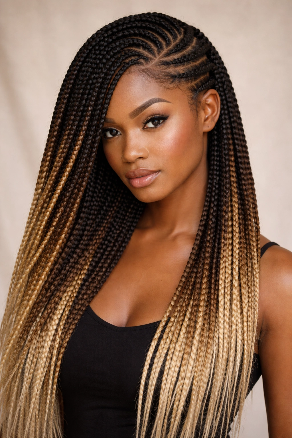 Ombré braids with a dramatic side part showing color gradient along length