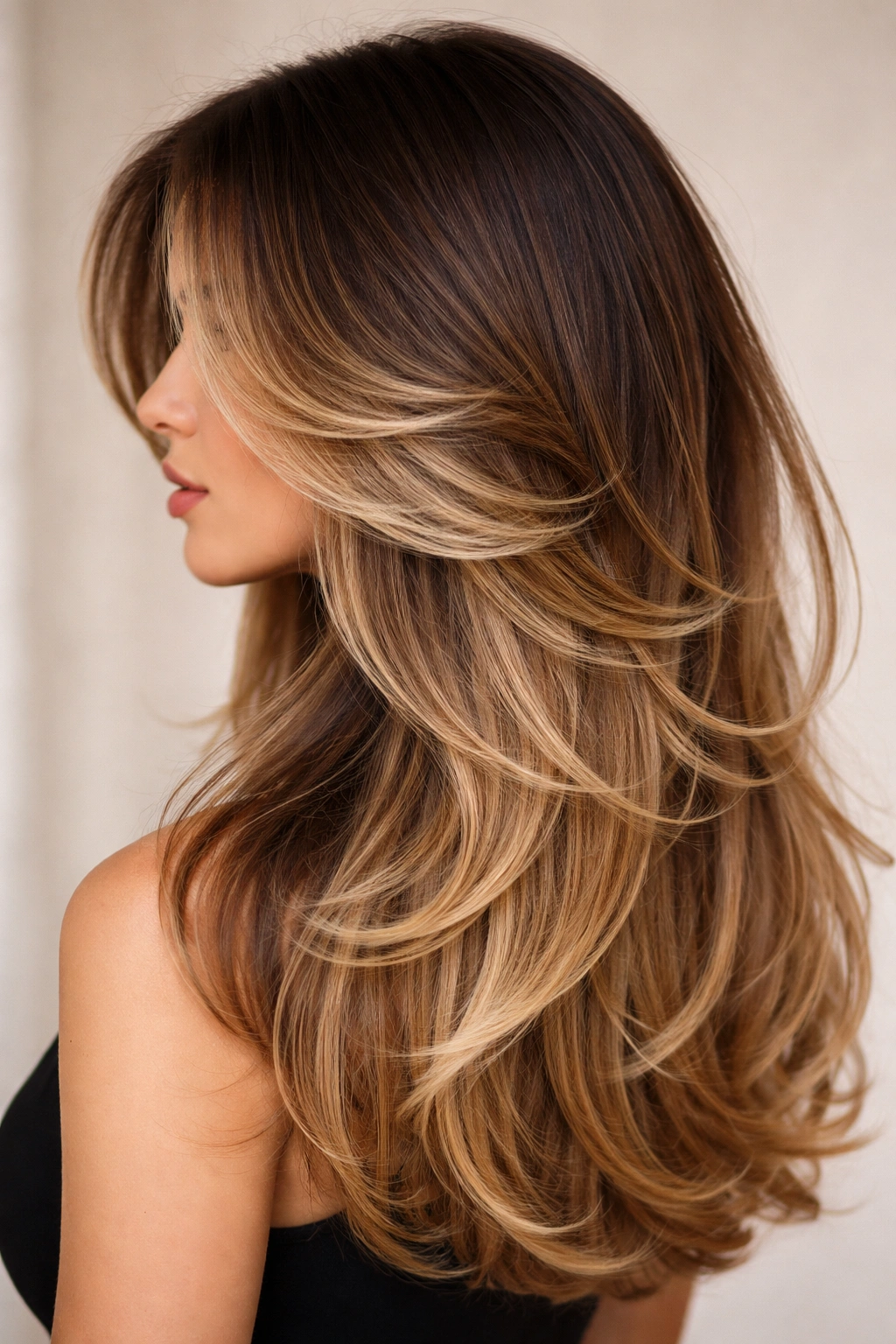 Ombre butterfly layers with color dimension from dark roots to light ends