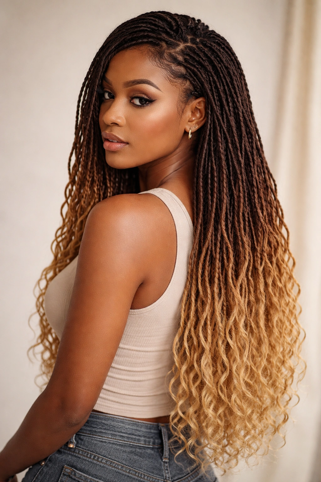 Close-up of ombre gradient faux locs with dark roots fading to light ends
