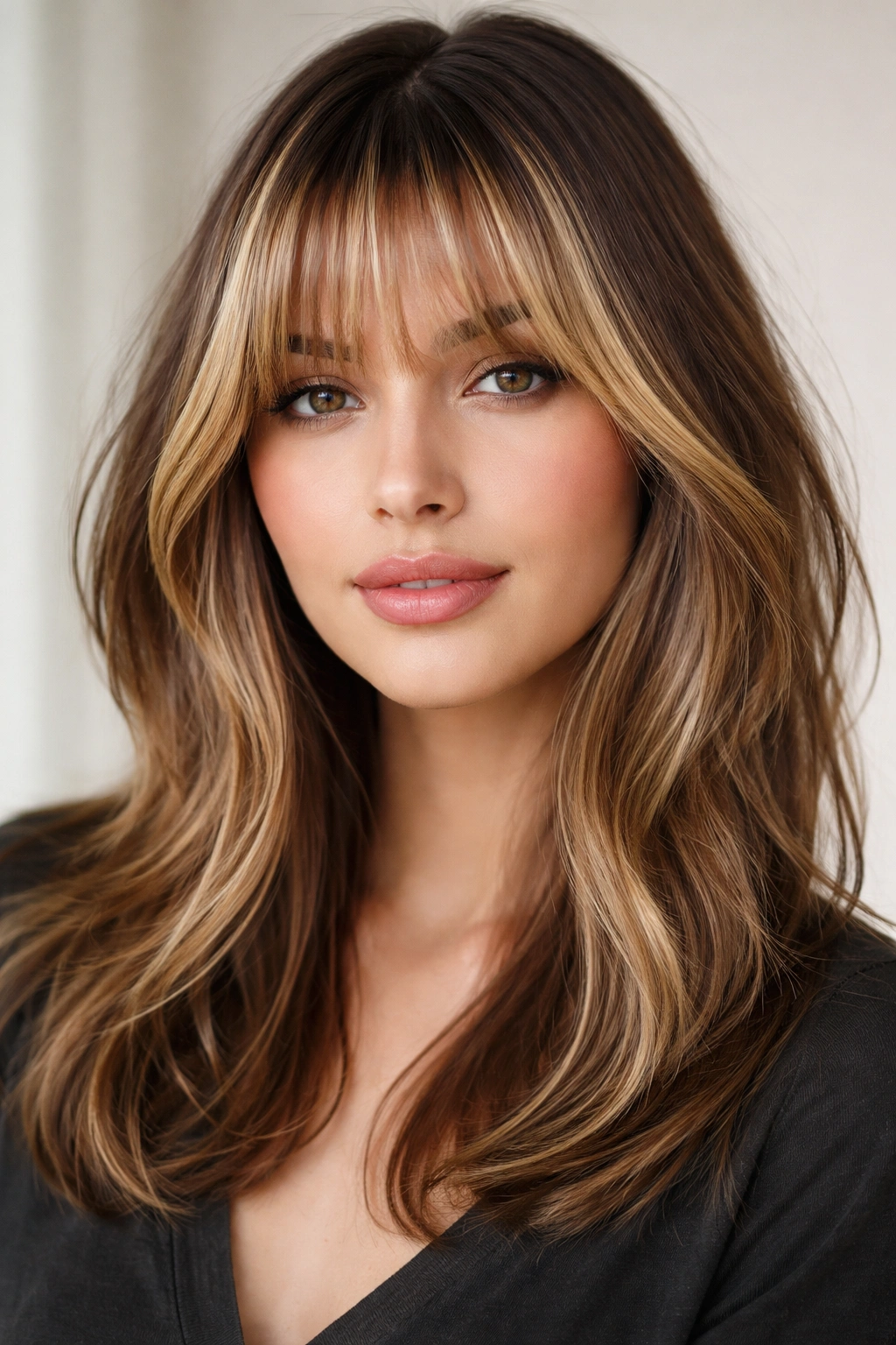 Ombré highlighted bangs showing color gradient on medium-length hair