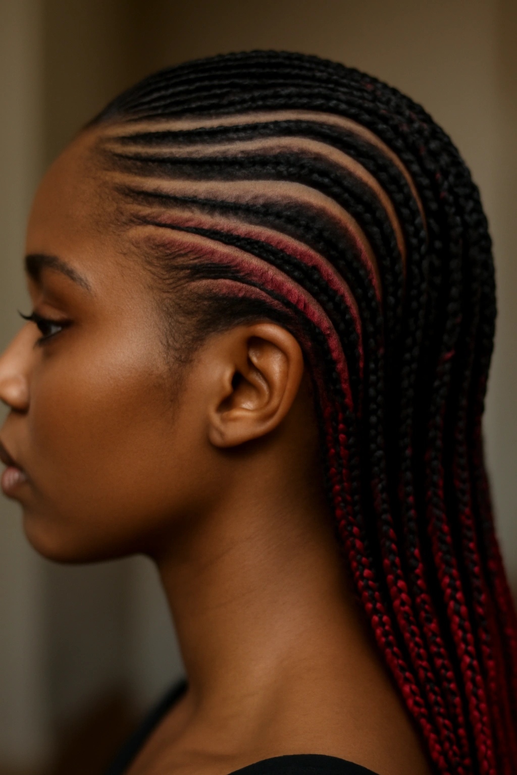 Ombré line designs with black to burgundy gradient along hair