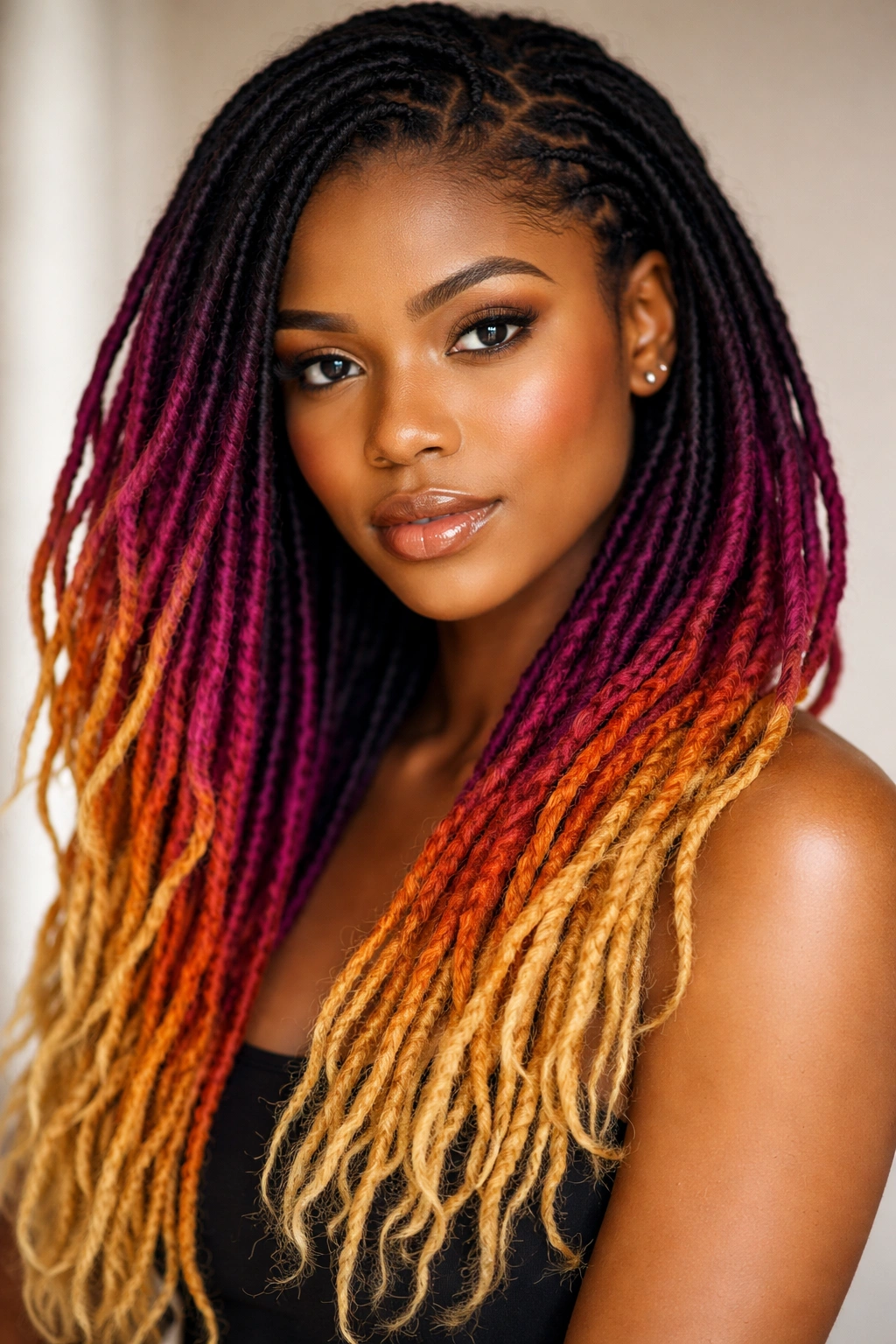 Locs with dark roots fading to lighter tips in ombre color