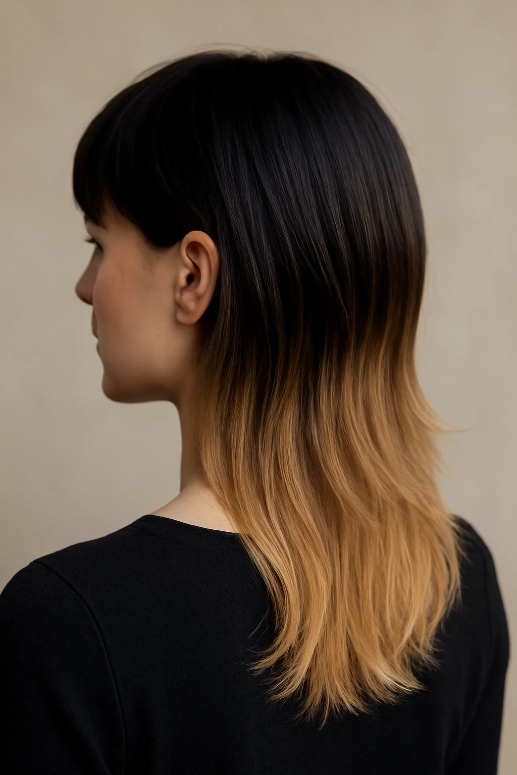 Model with ombre mullet showing root-to-tip gradient in a studio portrait